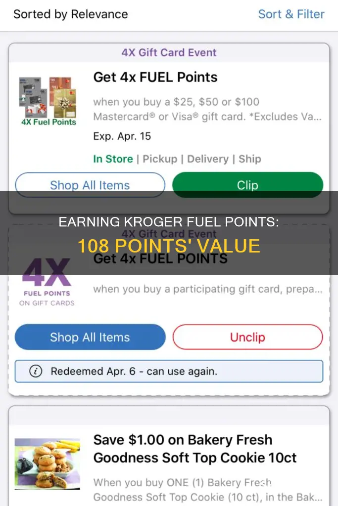 how much is 108 fuel points at kroger card