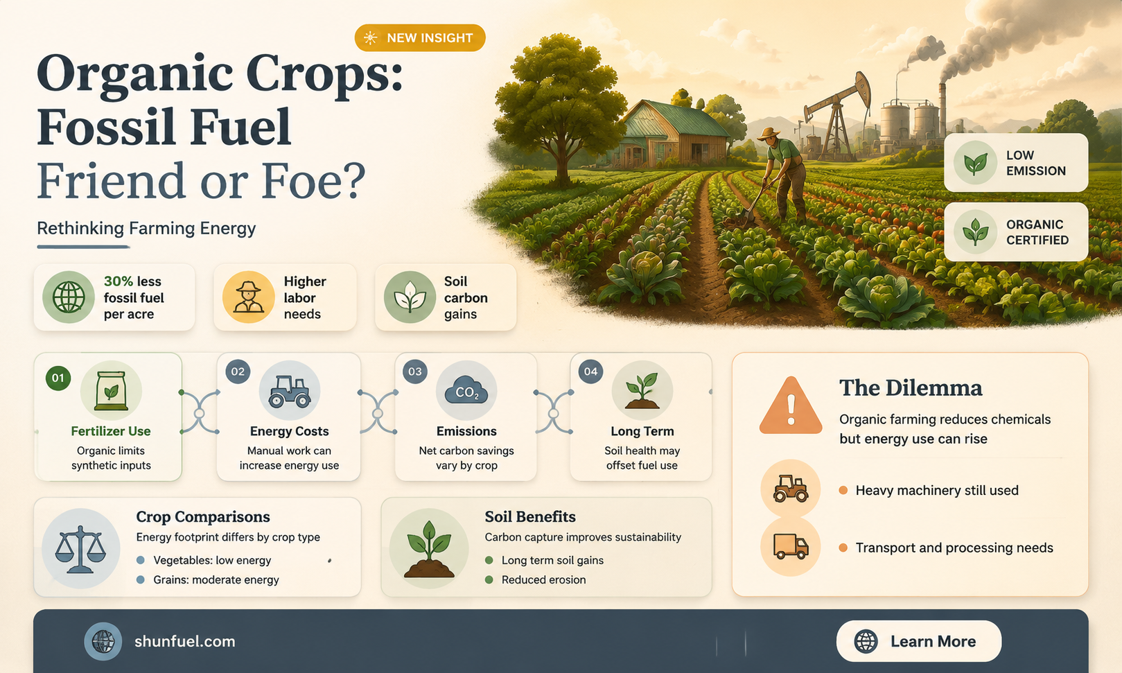 are organic crops grown with use of fossil fuel
